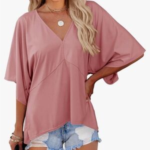 Womens V Neck 3/4 Bell Sleeve Blouse Loose Irregular Hem Tunic